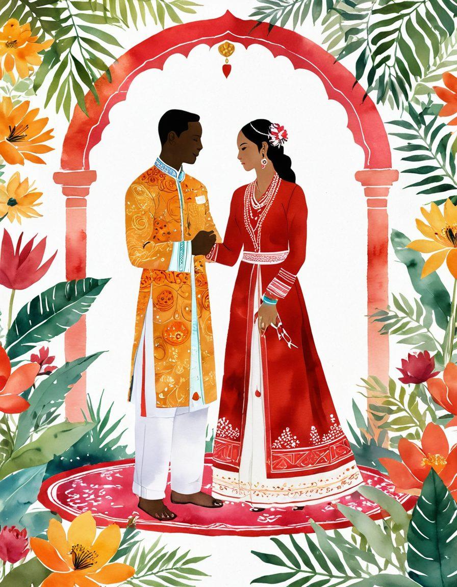 A beautifully illustrated collage showcasing diverse cultural love traditions: a Hindu wedding featuring colorful attire, a Western couple exchanging vows in a lush garden, a traditional Chinese tea ceremony, and a Maasai love dance, all blended together with soft textures and vibrant colors to evoke warmth and unity. The background is adorned with subtle heart motifs and floral patterns. watercolor art. vibrant colors.