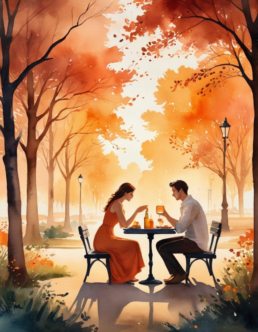 A picturesque timeline depicting the evolution of romantic relationships, featuring various scenes of courtship, such as a couple on a first date, a picnic in a park, a candlelit dinner, and intimate moments at home. Soft lighting and warm colors evoke a sense of nostalgia, while heart motifs subtly integrate throughout the background. The design should flow like a dreamy narrative with abstract shapes symbolizing different stages of intimacy. watercolor, soft focus, warm tones.