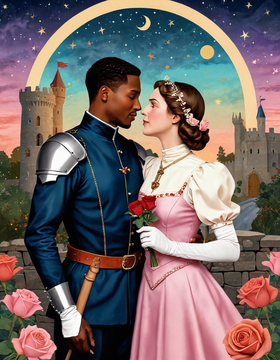 A vintage-inspired collage depicting iconic love stories throughout history, featuring diverse couples in various historical settings: a medieval knight and a lady, a 1920s jazz couple, and a modern LGBTQ+ pair under a starlit sky. Incorporate symbols of love, like roses and hearts, blending into a soft pastel background. artistic illustration. vibrant colors. romantic atmosphere.